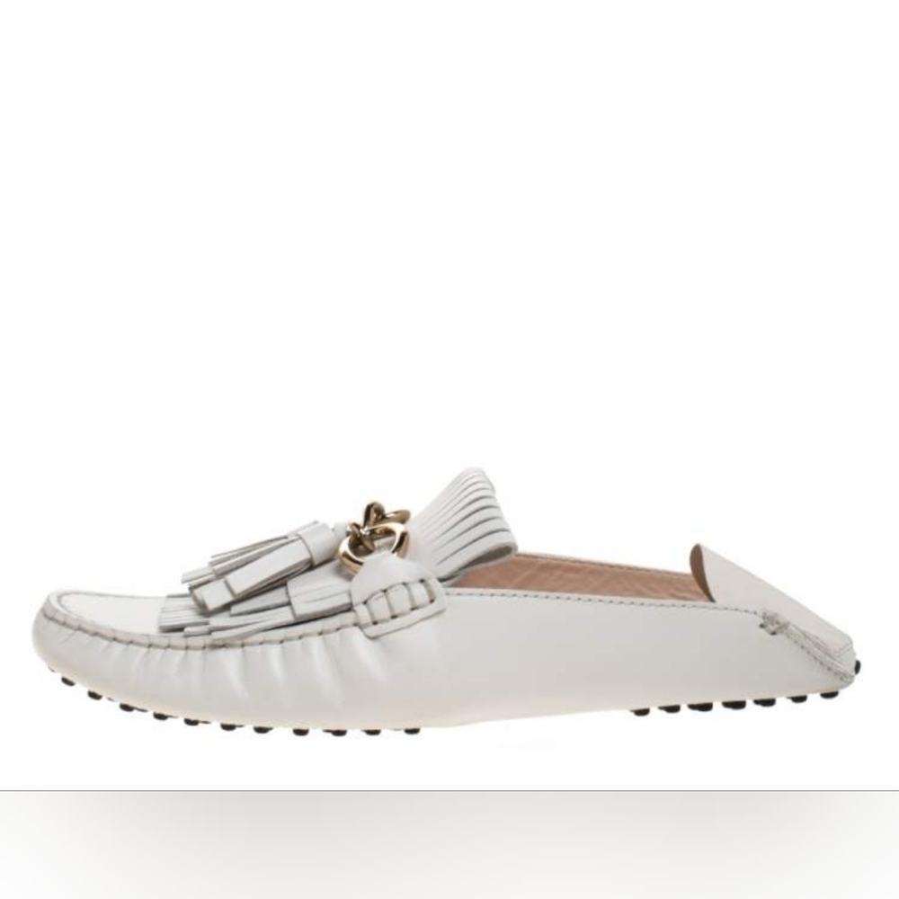 Tod's Italy Made 37 7 White Leather Tassel Driving Moccasins Flats Shoes - Picture 12 of 15